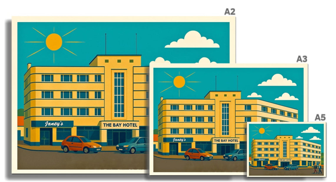 Set of vintage-style fine art prints of the bay hotel in yellow and teal with retro sun and cloud motifs