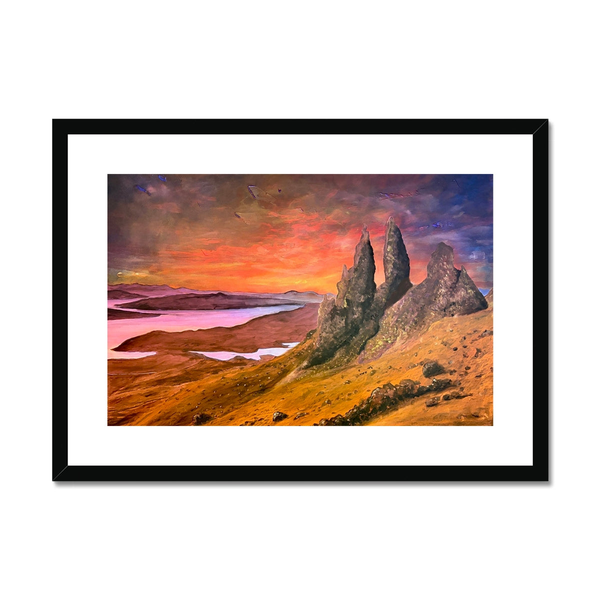 Framed Storr Sunset Skye print of Three Sisters at sunset