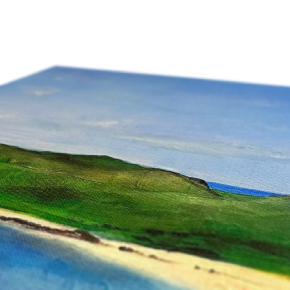 Balephuil Beach Tiree canvas print of green grassy magnet scene with blue sky ocean