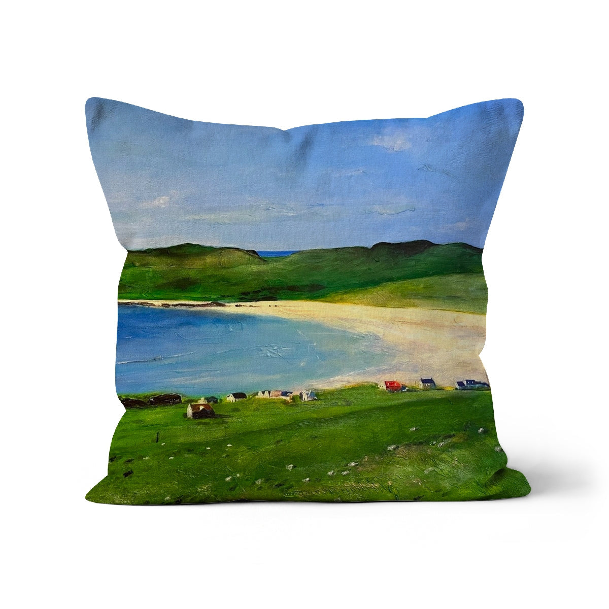 Balephuil Beach Tiree Cushion: Green and white polyester beach scene design