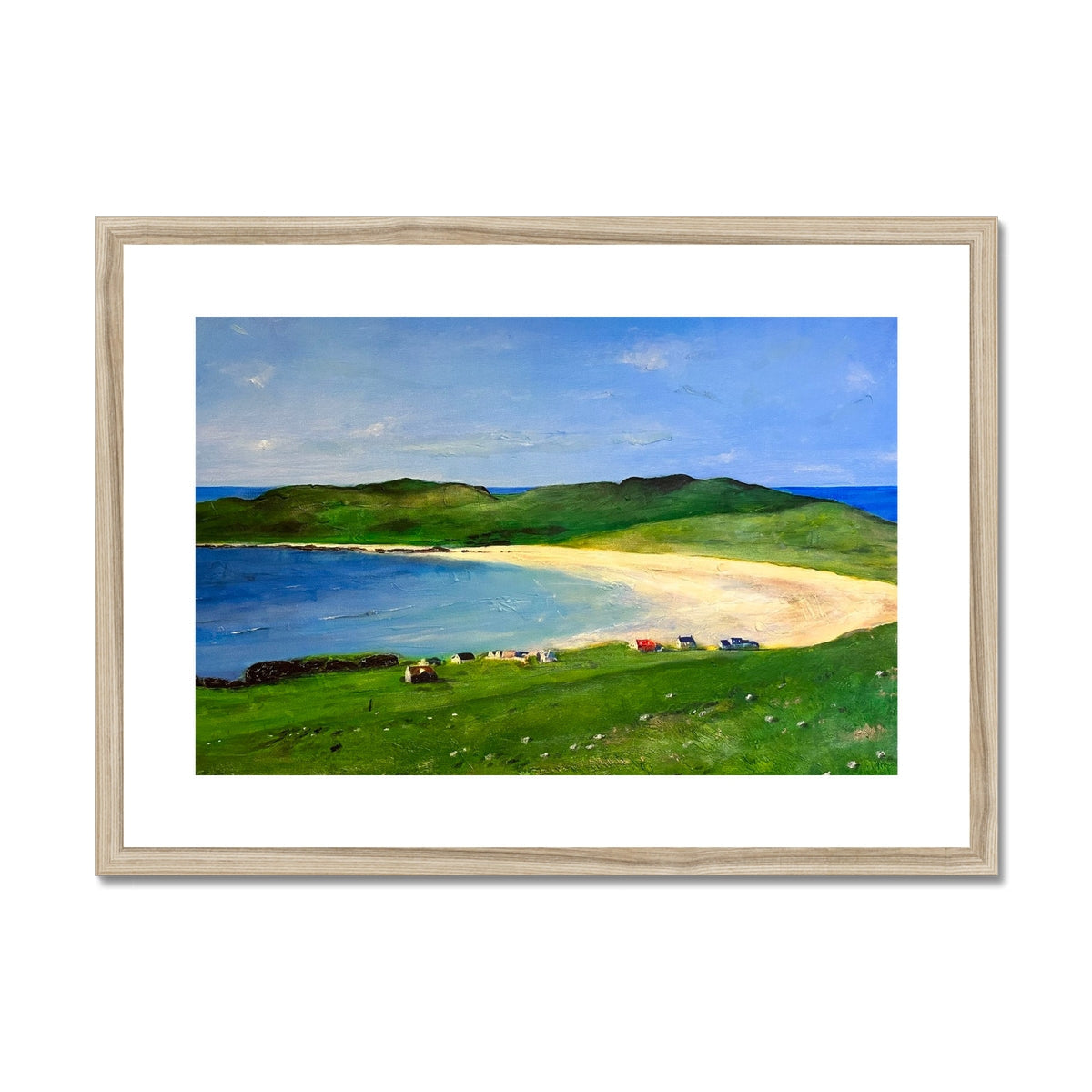 Balephuil Beach Tiree art print of wooden framed sandy shore and green hills painting