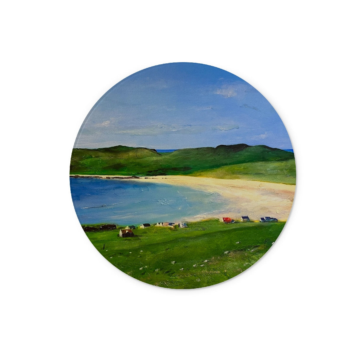 Balephuil Beach Tiree glass chopping board with green grass coaster and beach scene