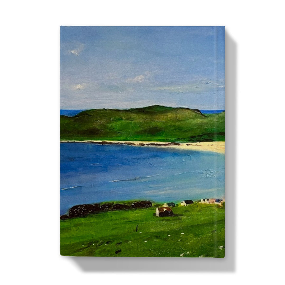 Balephuil Beach Tiree journal with green grass beach hills wall art
