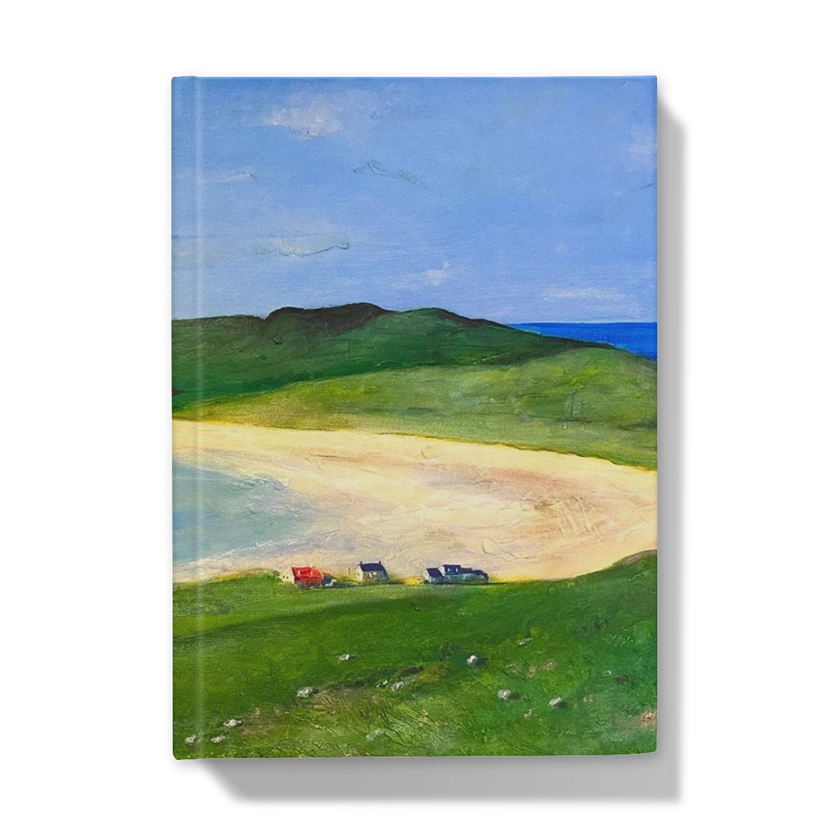 Balephuil Beach Tiree journal with green hills, sandy shore, blue sky print