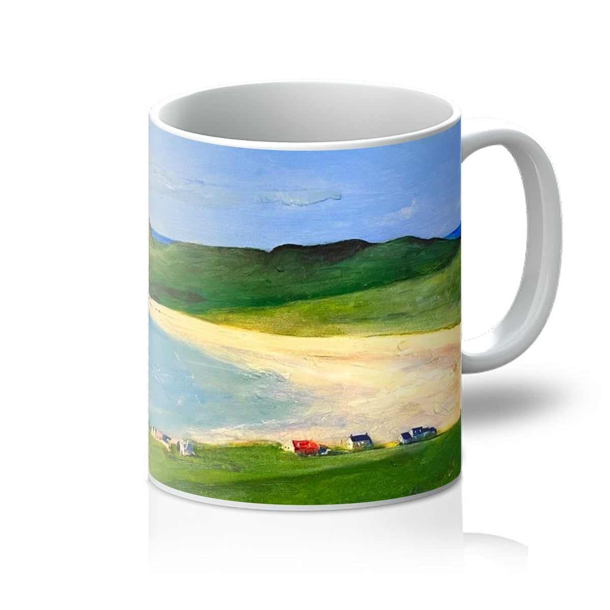 Balephuil Beach Tiree Ceramic Mug with Sandy Shore and Green Hills