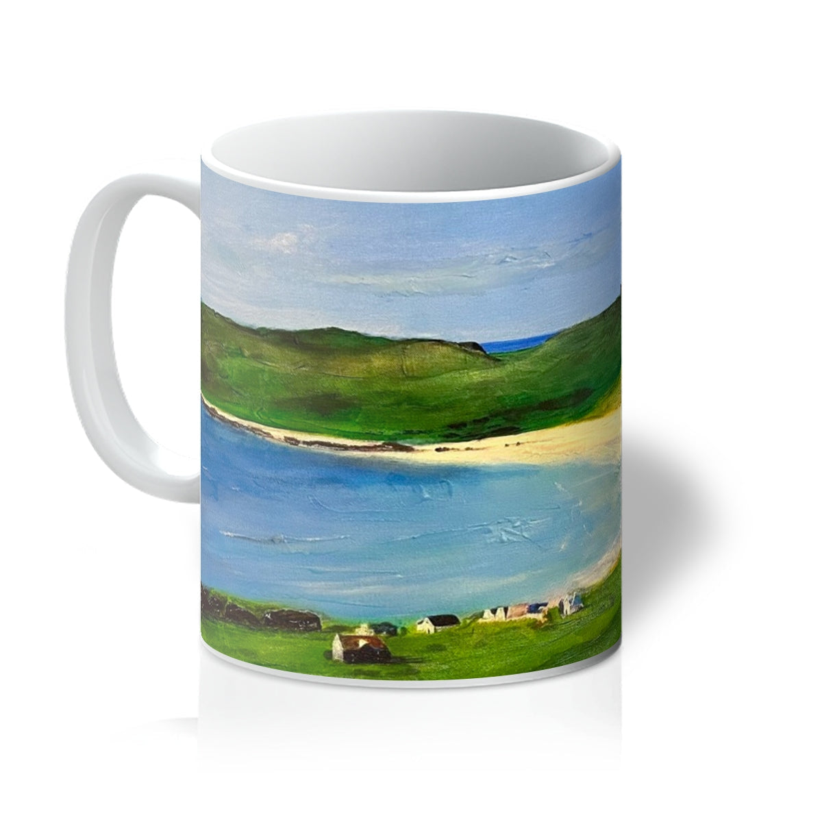 Balephuil Beach Tiree ceramic mug with scenic green hills, blue water, white buildings