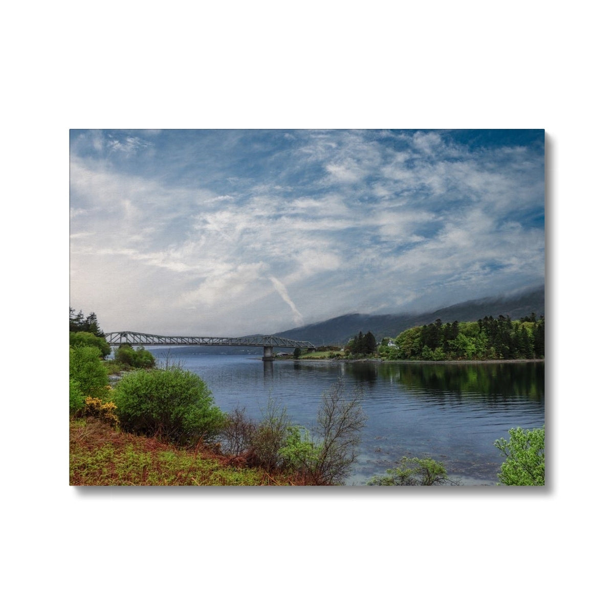 Open blue and white striped umbrella with wooden handle on Ballachulish Bridge print