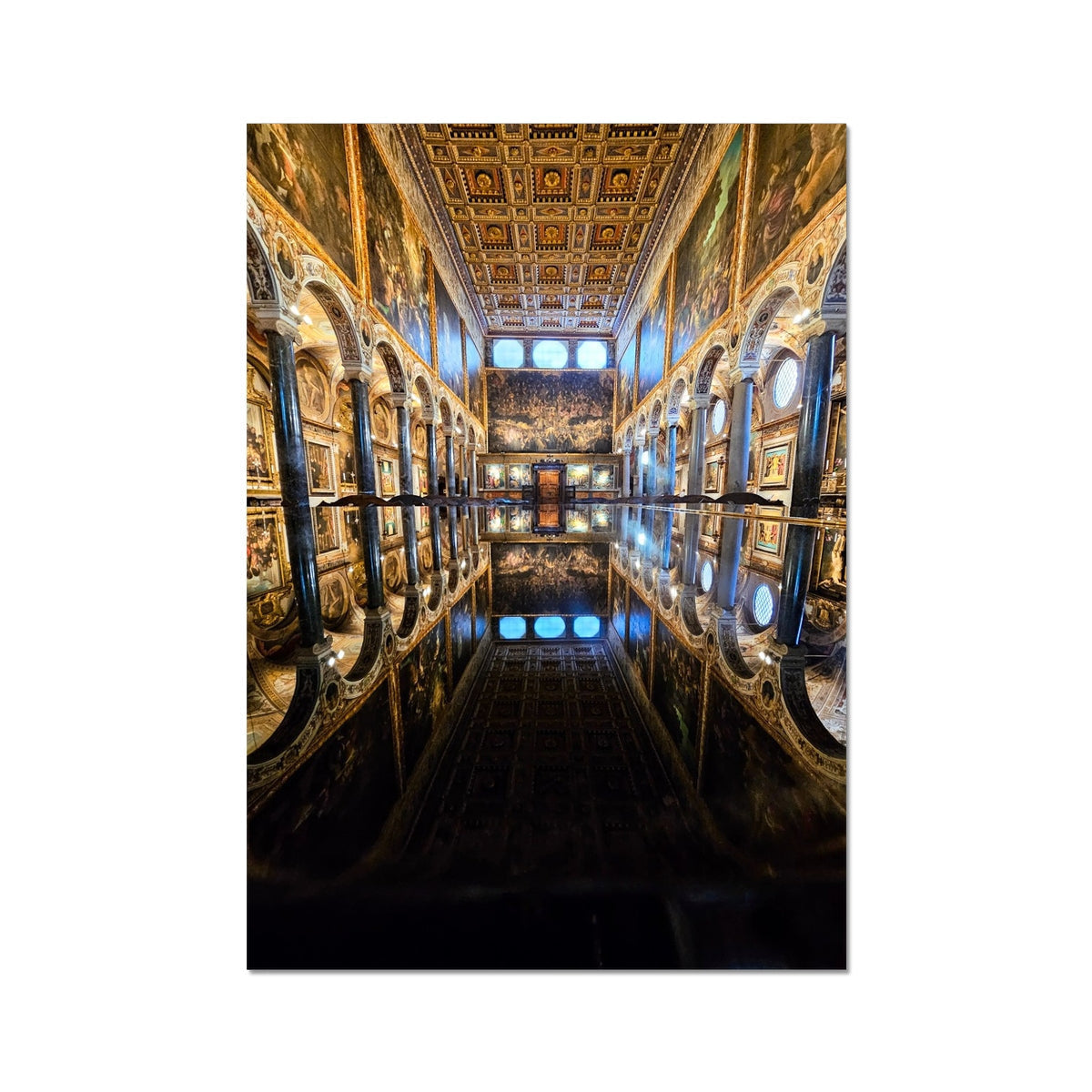 Gilded ornate hall with reflective floor and intricate ceiling frescoes in Basilica di San Pietro Perugia fine art print