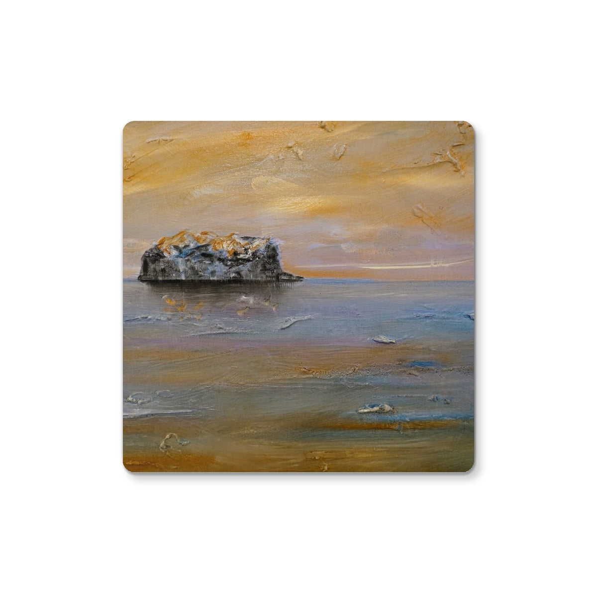 Bass Rock Dawn coaster with brown beige abstract rock in water golden hues