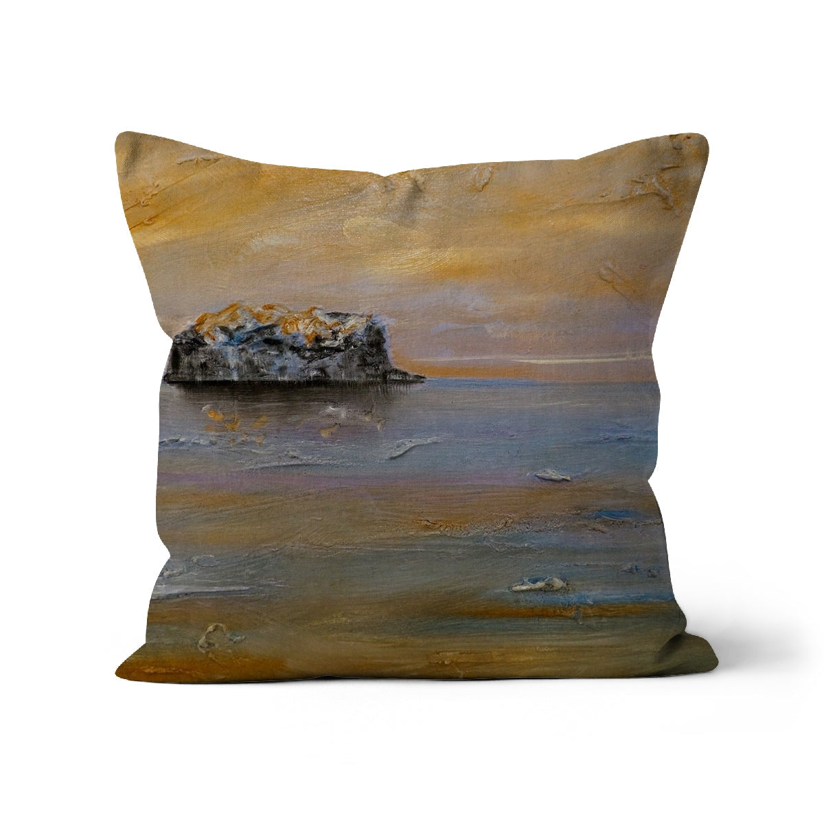 Decorative Bass Rock Dawn Cushion with oil painting of a solitary rock formation in calm sea