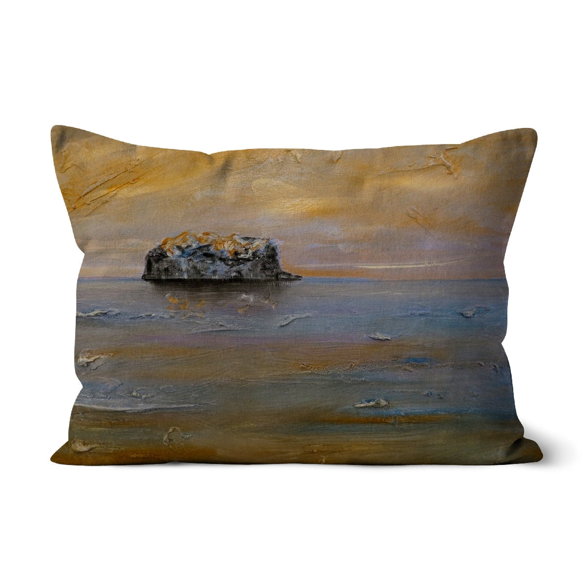 Decorative Bass Rock Dawn Cushion with oil painting of a solitary island in calm sea