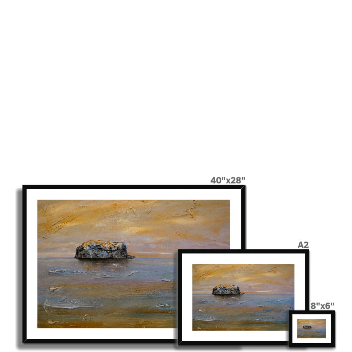 Bass Rock Dawn 40x28 inch black-framed landscape print with serene rock, birds in orange sky