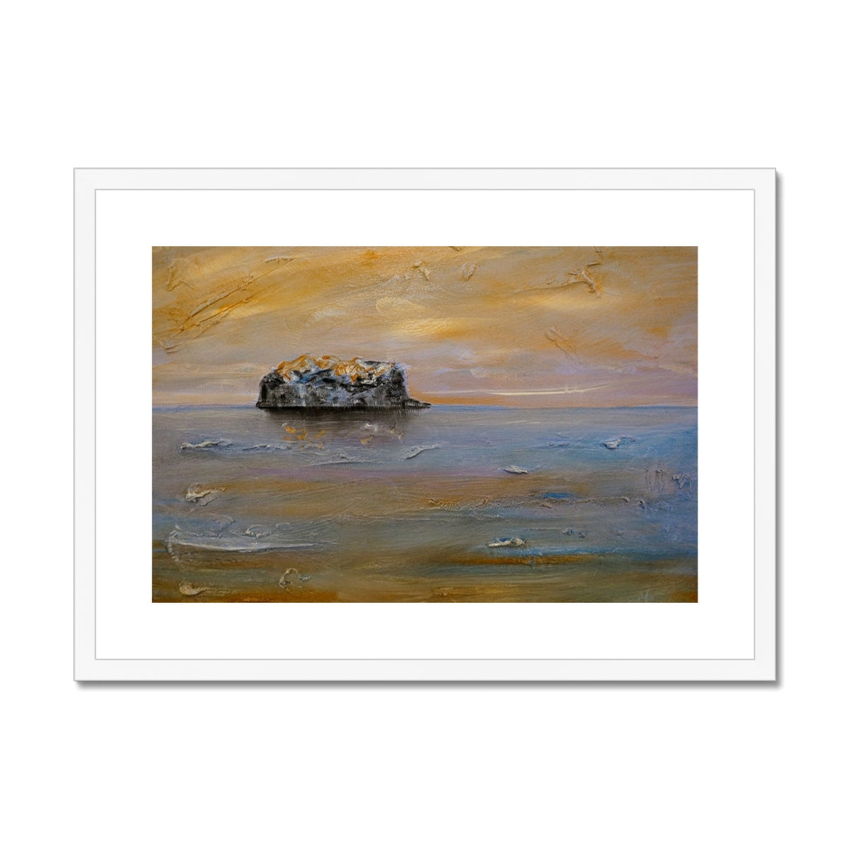 Gold and brown abstract Bass Rock in water dawn art print