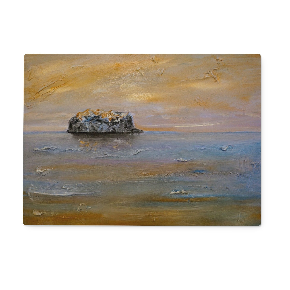 Textured oil painting of Bass Rock island in calm sea with expressive sky on glass chopping board