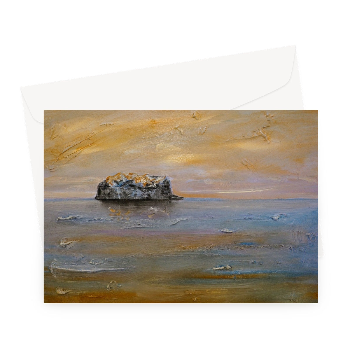 Bass Rock Dawn greeting card with brown rock painting