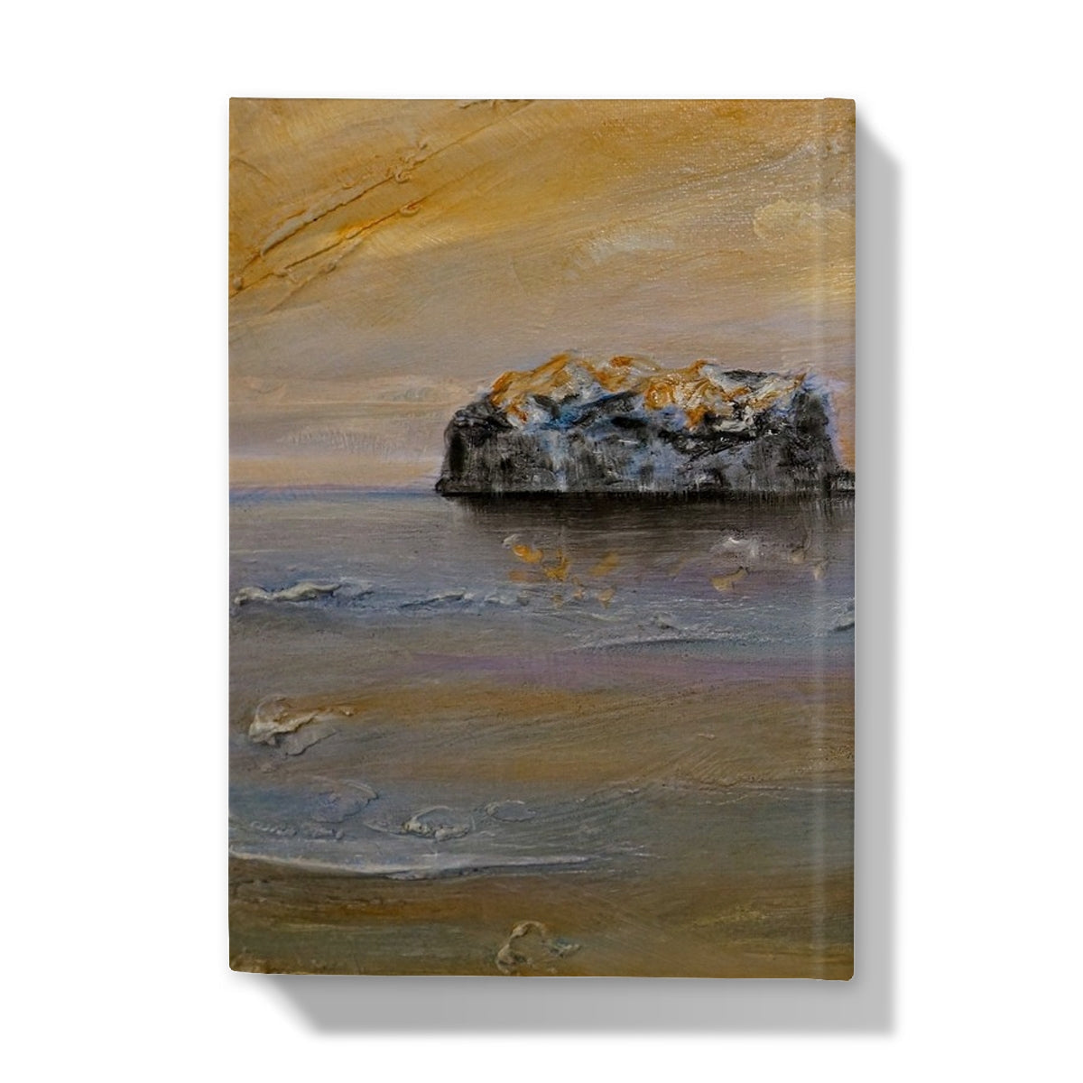 Oil painting of a lone island in the sea beneath a golden sky on the Bass Rock Dawn Hardback Journal