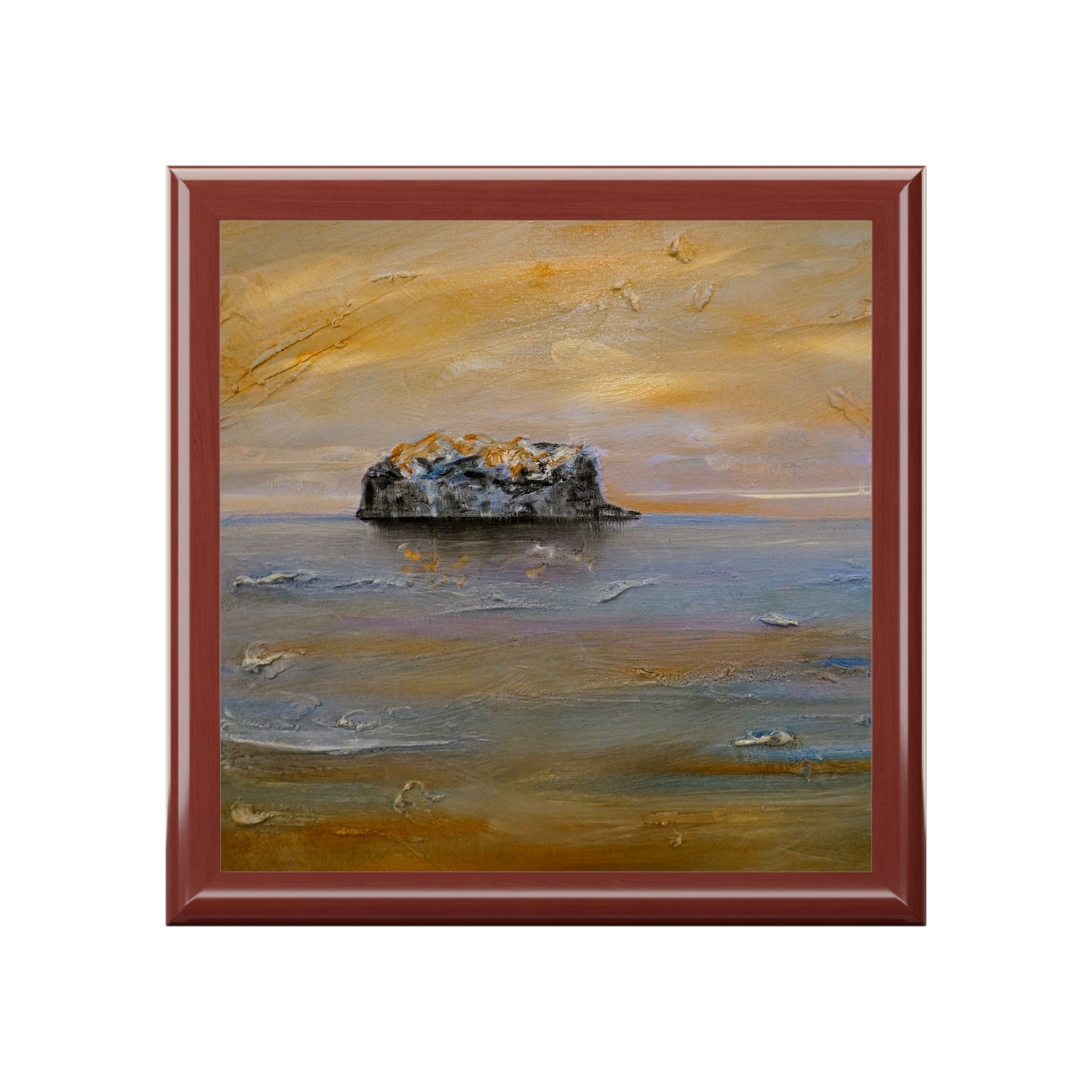 Bass Rock Dawn square ceramic tile in reddish-brown frame, impressionistic Scottish island scene