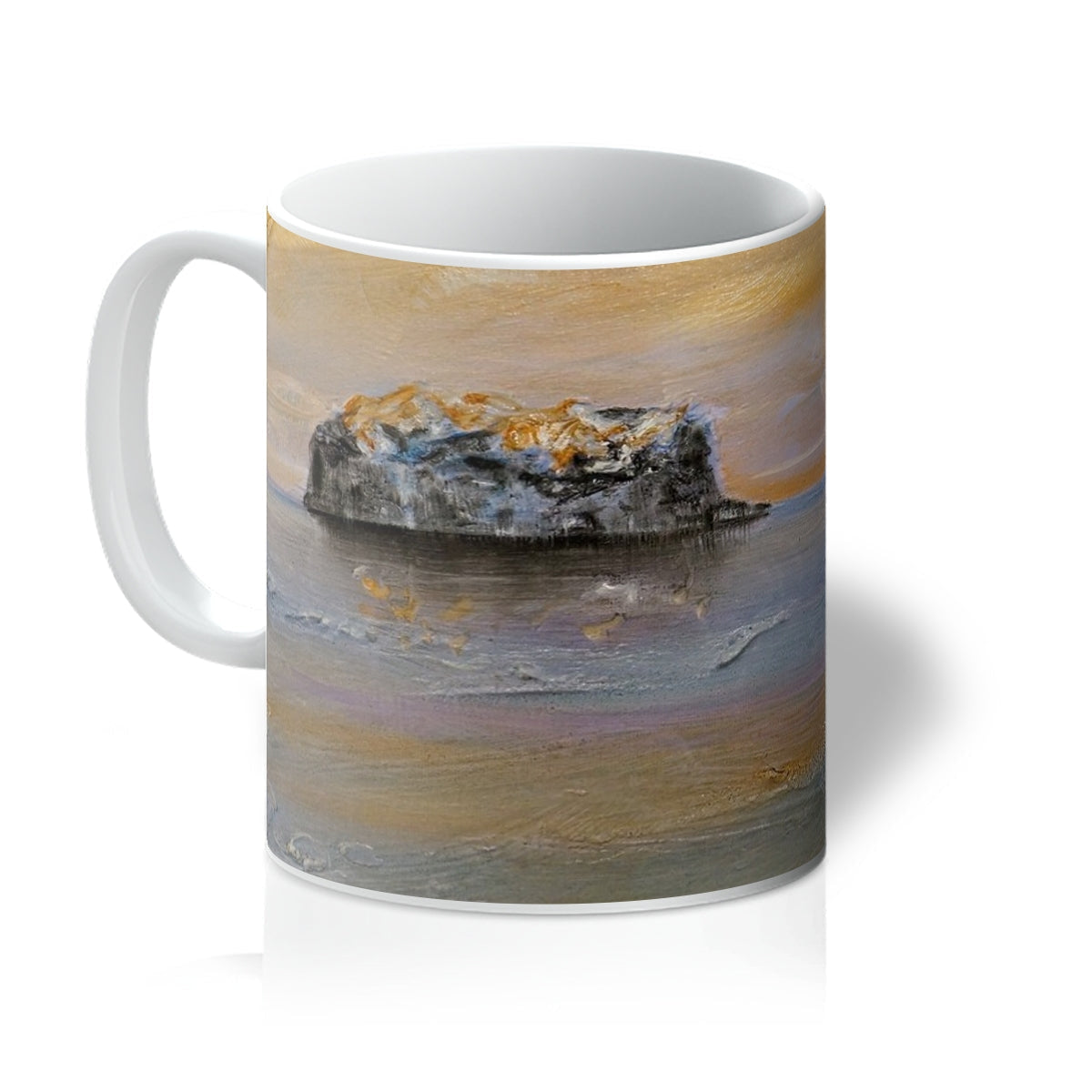 Bass Rock Dawn Mug: Ceramic with rock and water design in earthy brown and beige tones