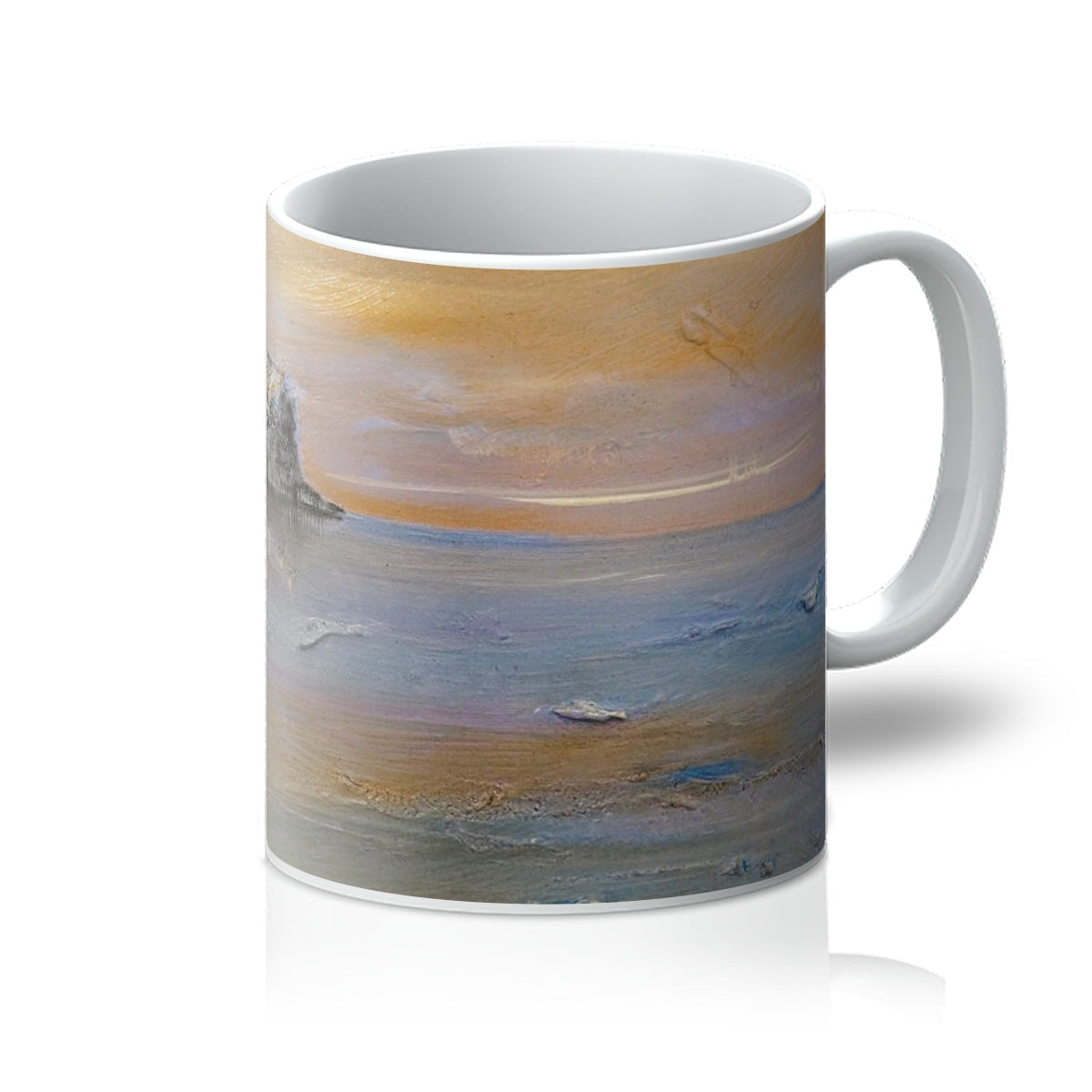 Bass Rock Dawn ceramic mug with ocean scene in muted blues and oranges