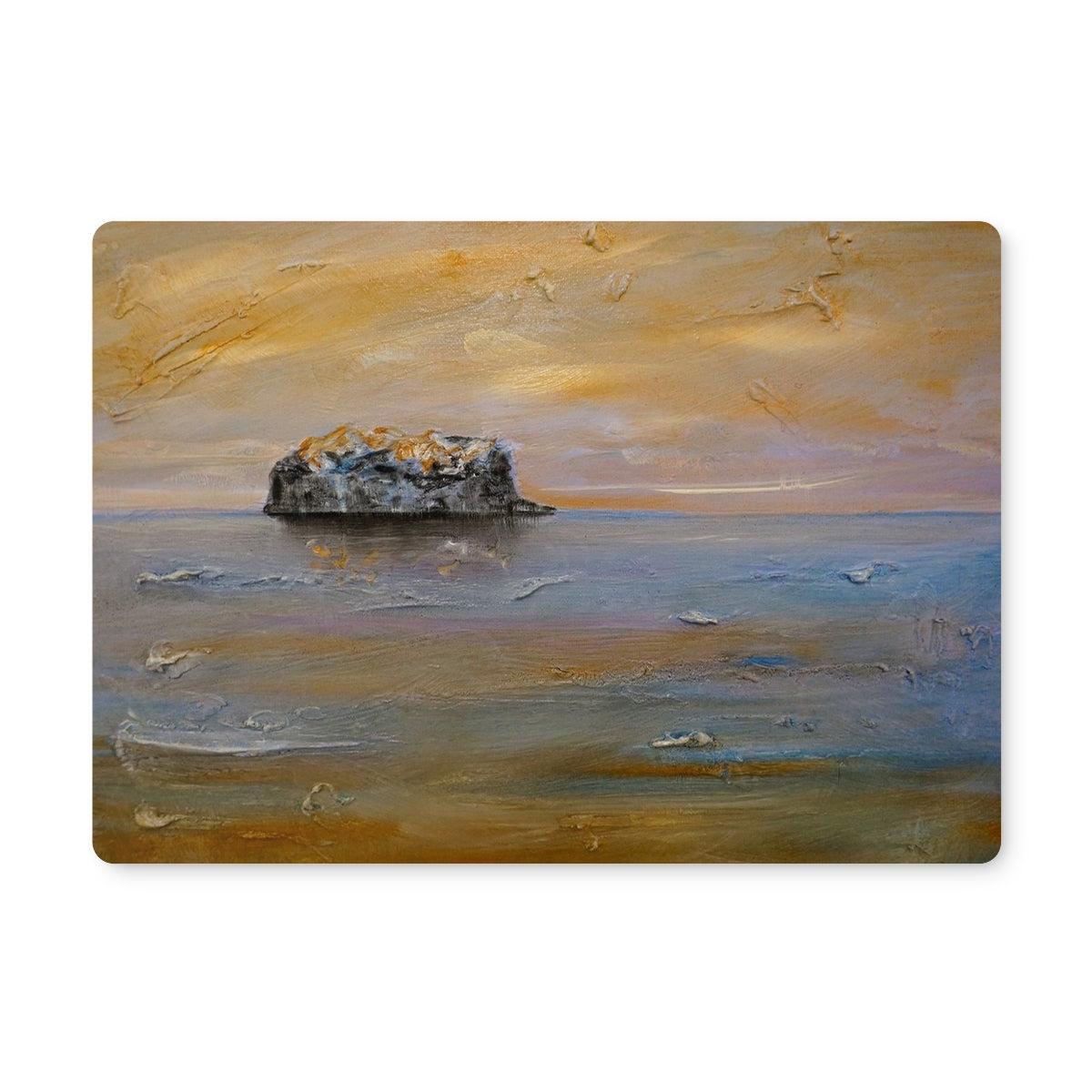 Oil painting of a solitary island in the sea under an orange sky on the Bass Rock Dawn Placemat