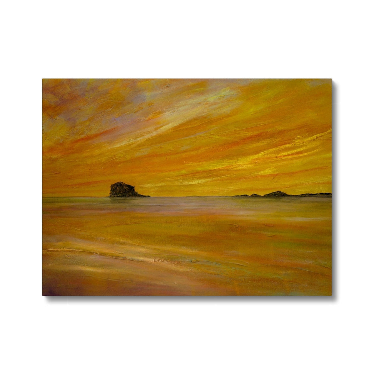Bass Rock Dusk: yellow orange abstract seascape with rocks canvas print