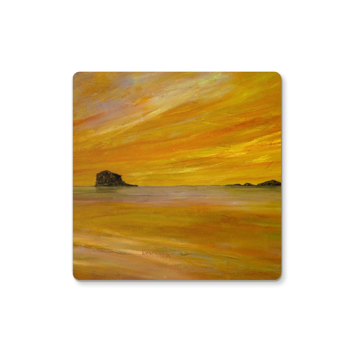 Bass Rock Dusk yellow orange abstract coaster with house silhouette