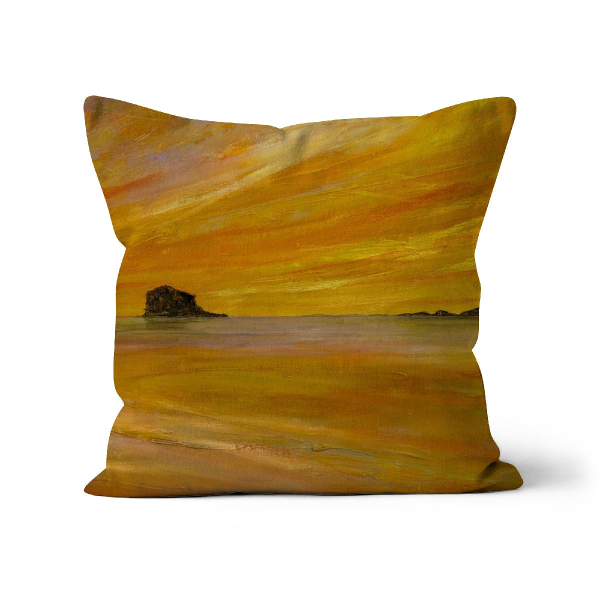 Bass Rock Dusk Cushion: Yellow Orange Abstract Landscape Pillow