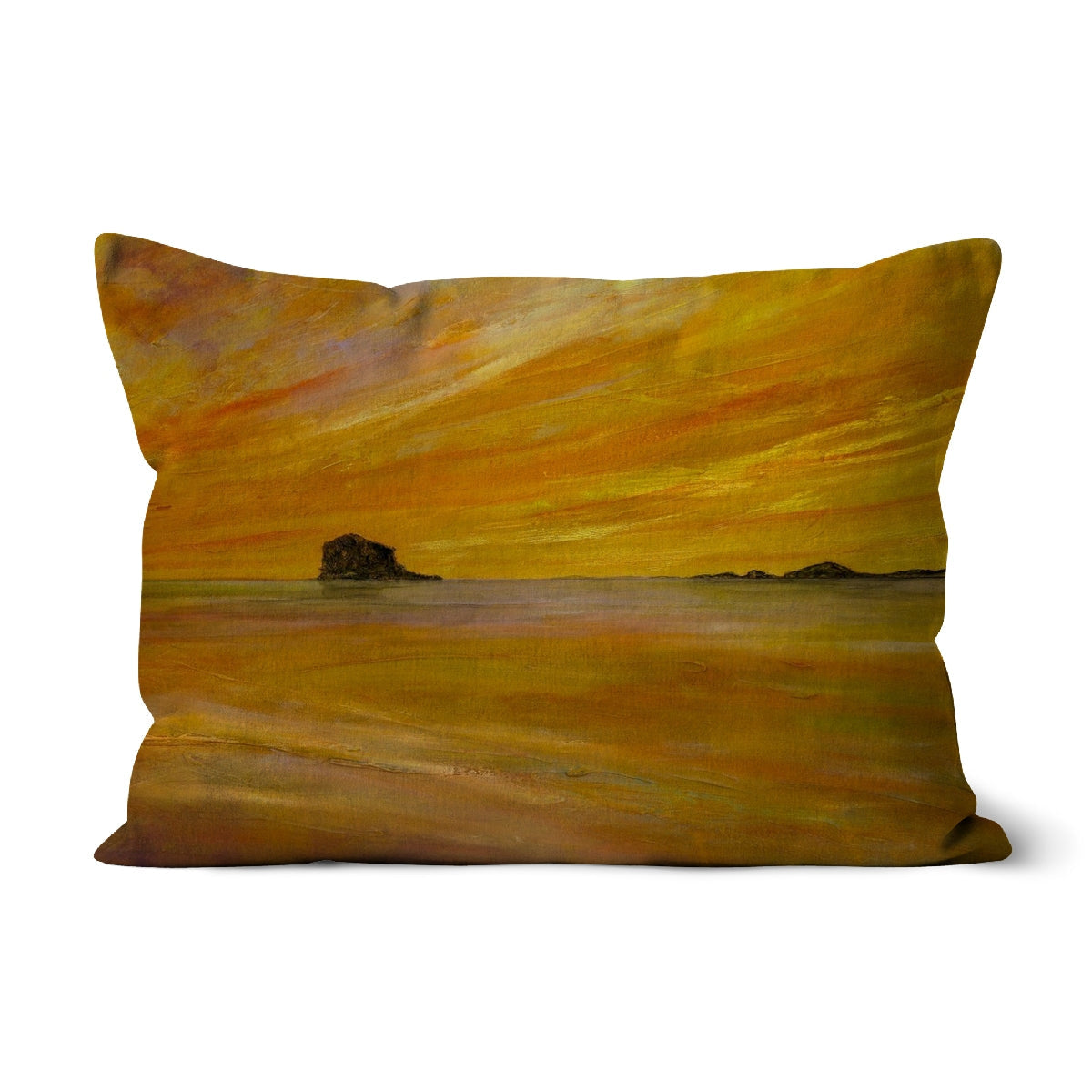 Yellow orange sunset textured throw pillow Bass Rock Dusk Cushion