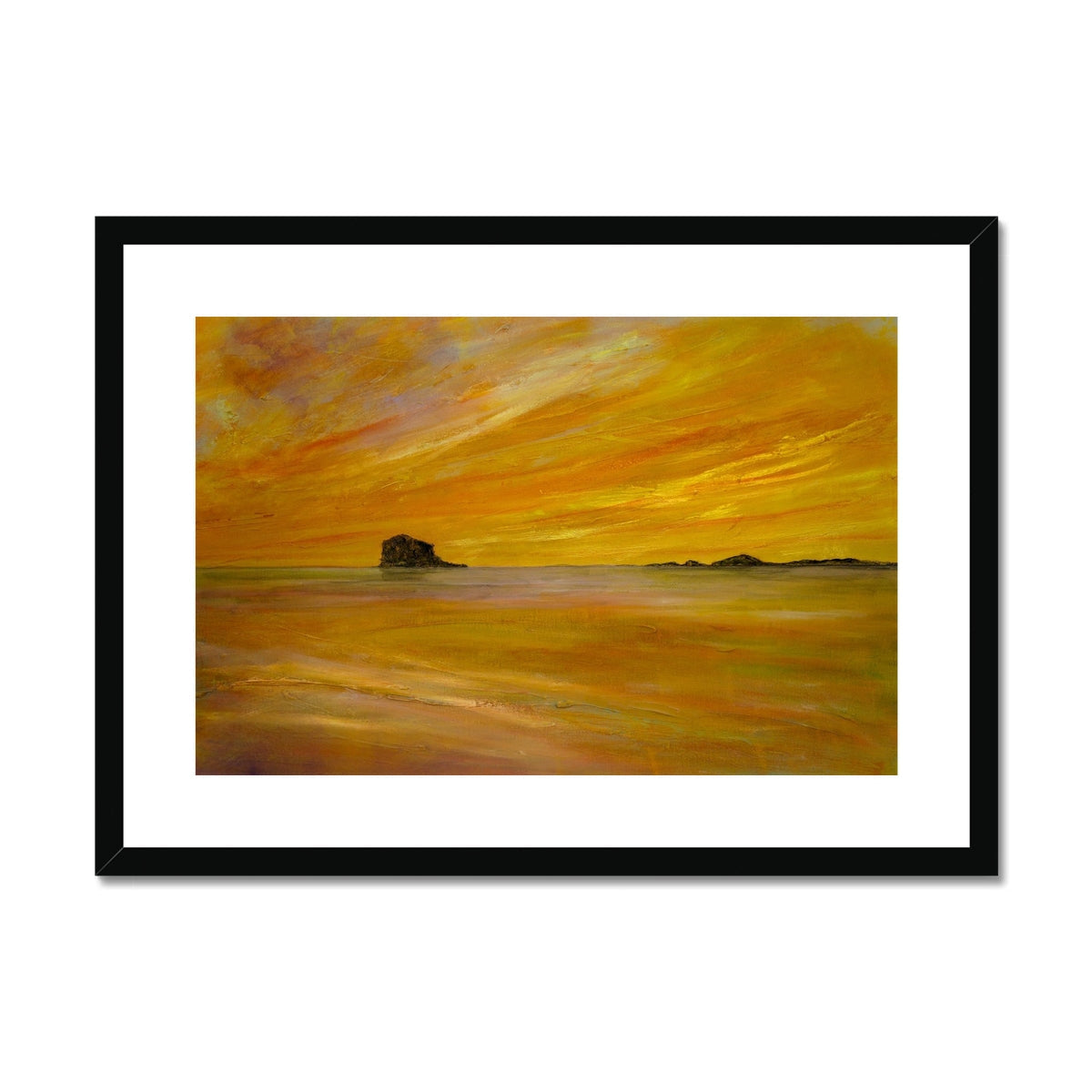 Yellow orange sunset Bass Rock Dusk painting in black frame