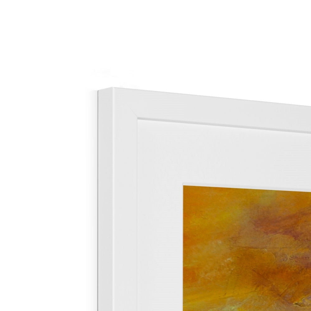 Bass Rock Dusk art print in white frame with orange yellow abstract