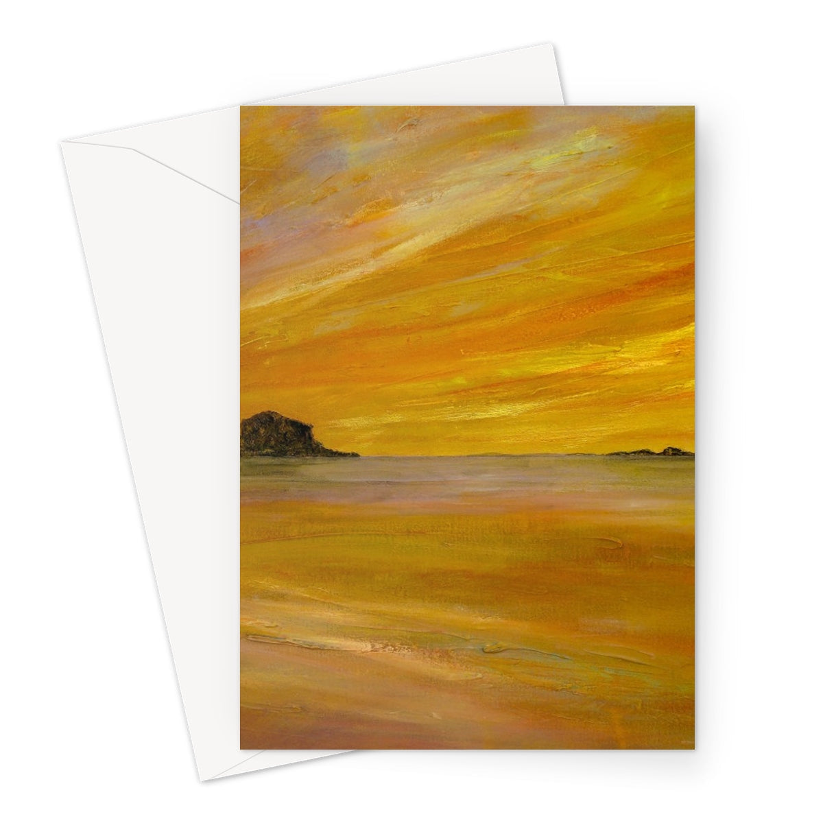 Bass Rock Dusk greeting card with yellow orange sunset envelope