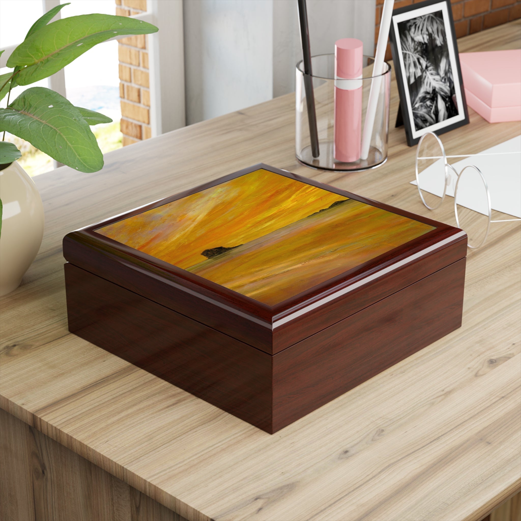 Bass Rock Dusk jewelry box with golden sunset painting on lid