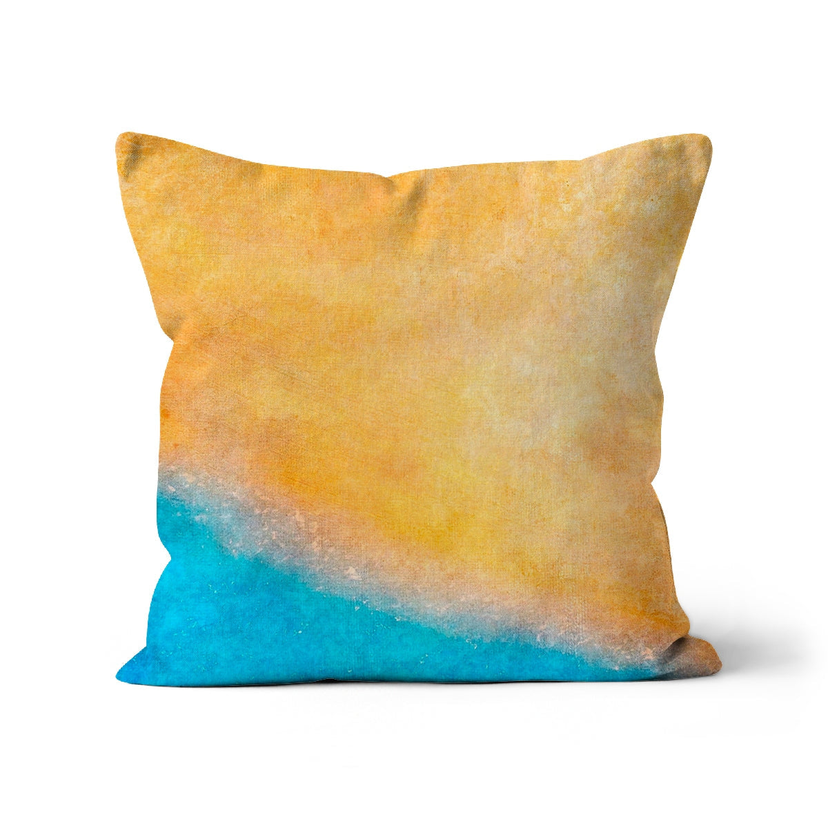 Yellow and blue watercolor beach scene throw pillow in textured fabric