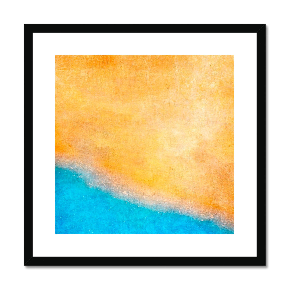 Orange and blue abstract The Beach Art Print in black frame with white mat