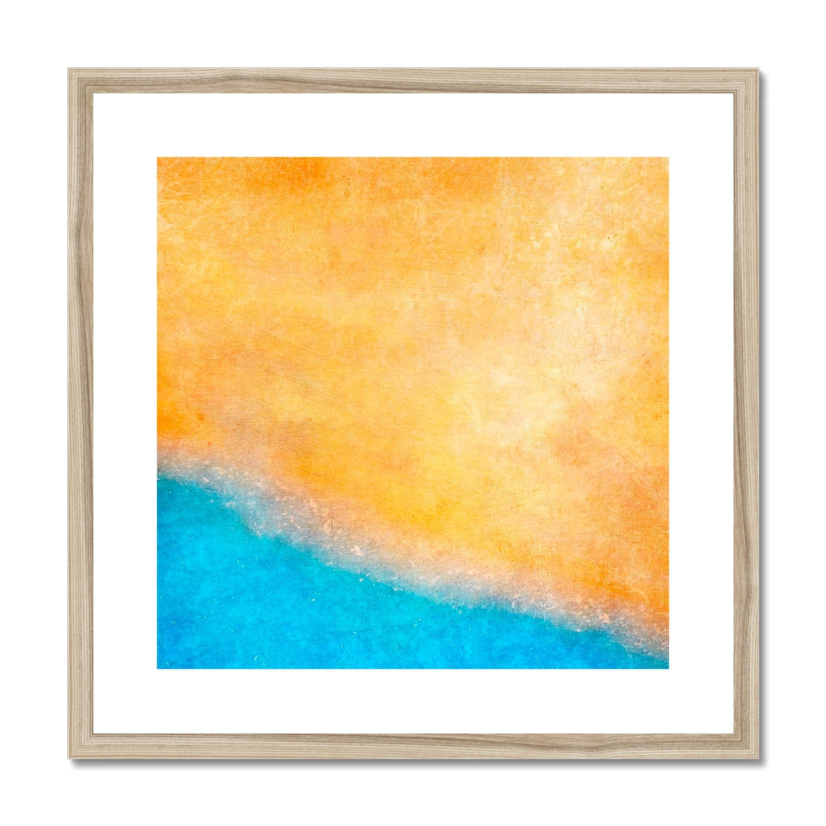 The Beach Art Prints: Wooden-framed abstract with orange blue hues, textured surface
