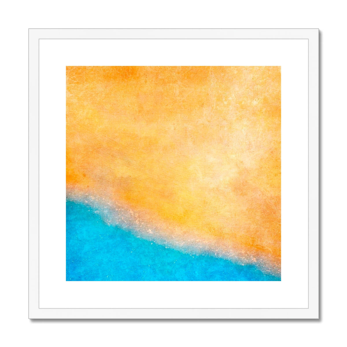 Orange and blue abstract The Beach Art Print in white frame