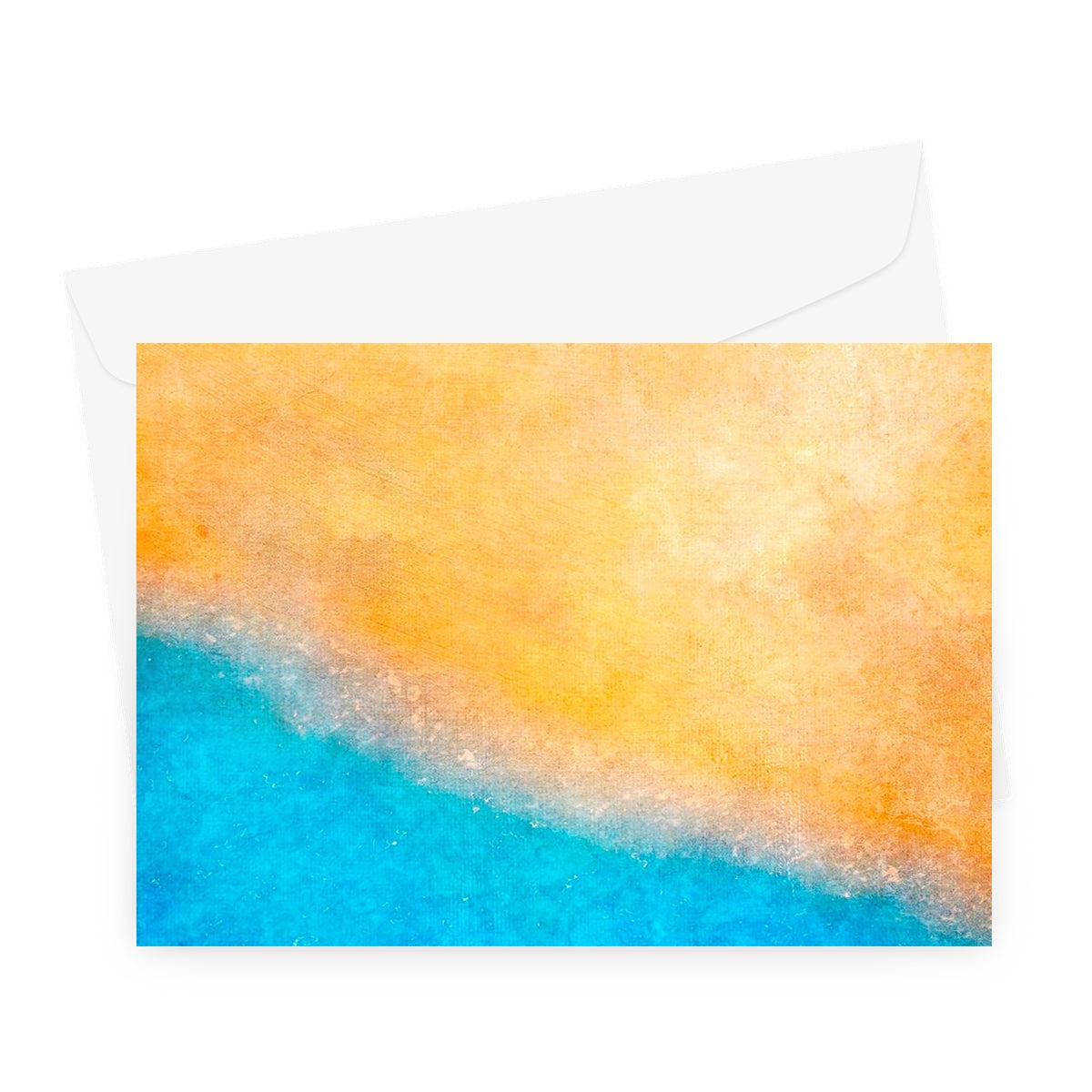 Watercolor beach scene greeting card in orange-yellow tones with white envelope