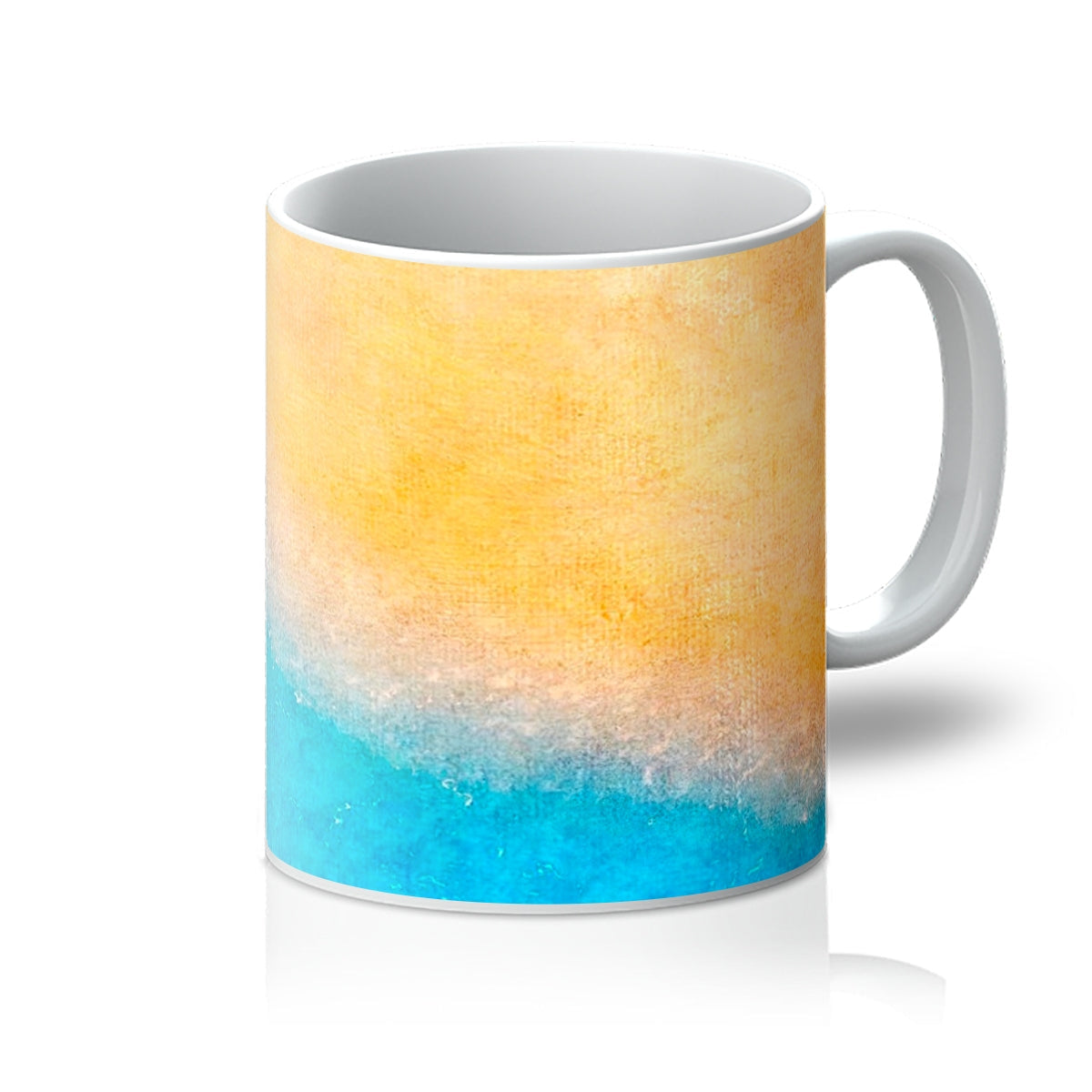 The Beach Mug: Ceramic mug with yellow-blue gradient design, white interior