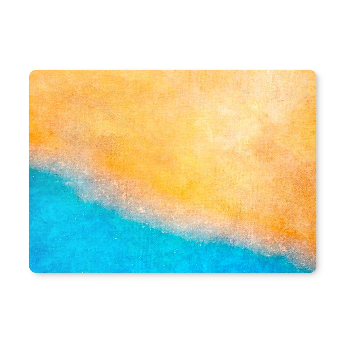 Watercolor beach scene on glossy rectangular coaster in warm yellows to cool blues
