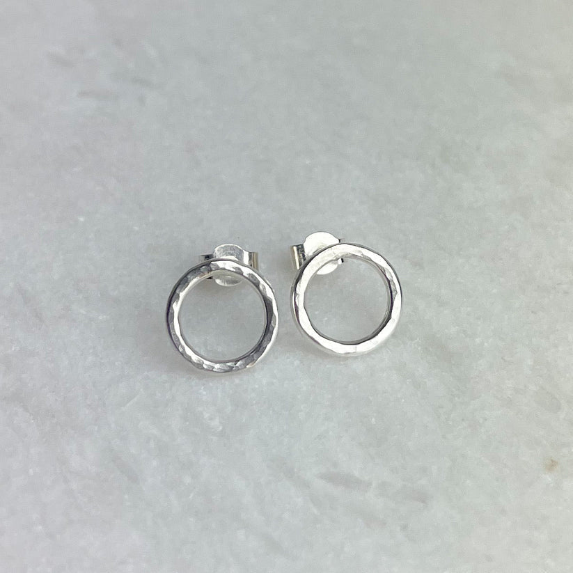 Silver hammered circle stud earrings, Beaten Hoop Stud design