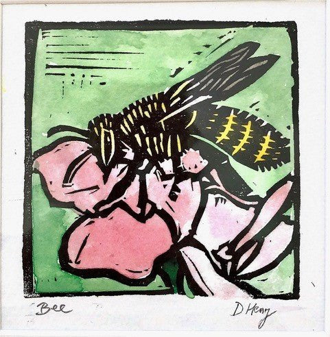 Stylized black and yellow bee on pink blossoms, Bee Print by d