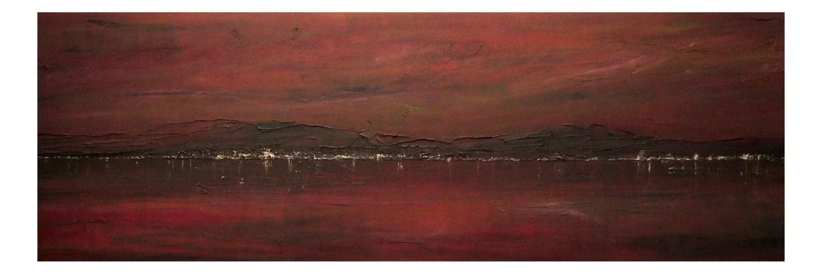 Belfast Lough original panoramic painting: red black abstract mountains reflected on water