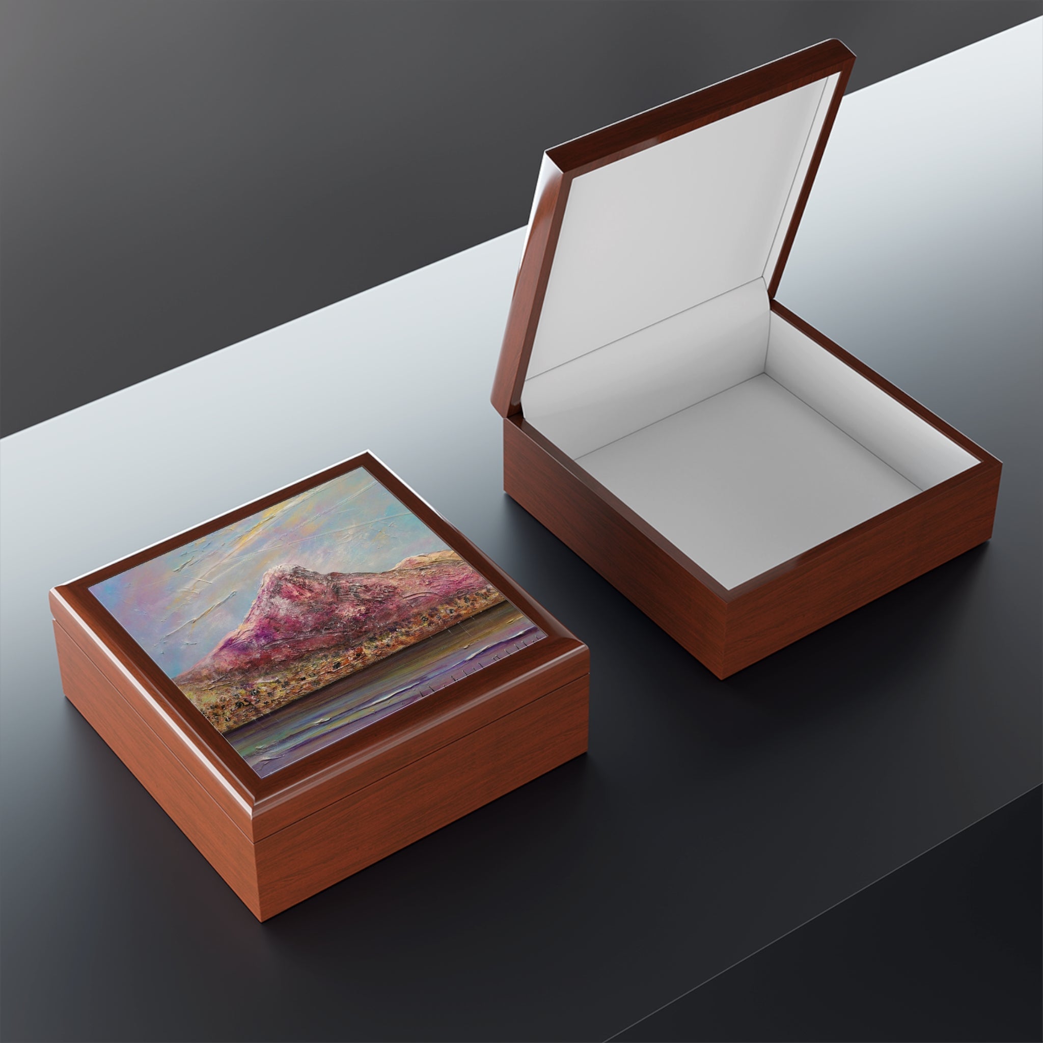 Ben Lomond Art Jewellery Box Scotland with brown wooden boxes, colorful landscape lid