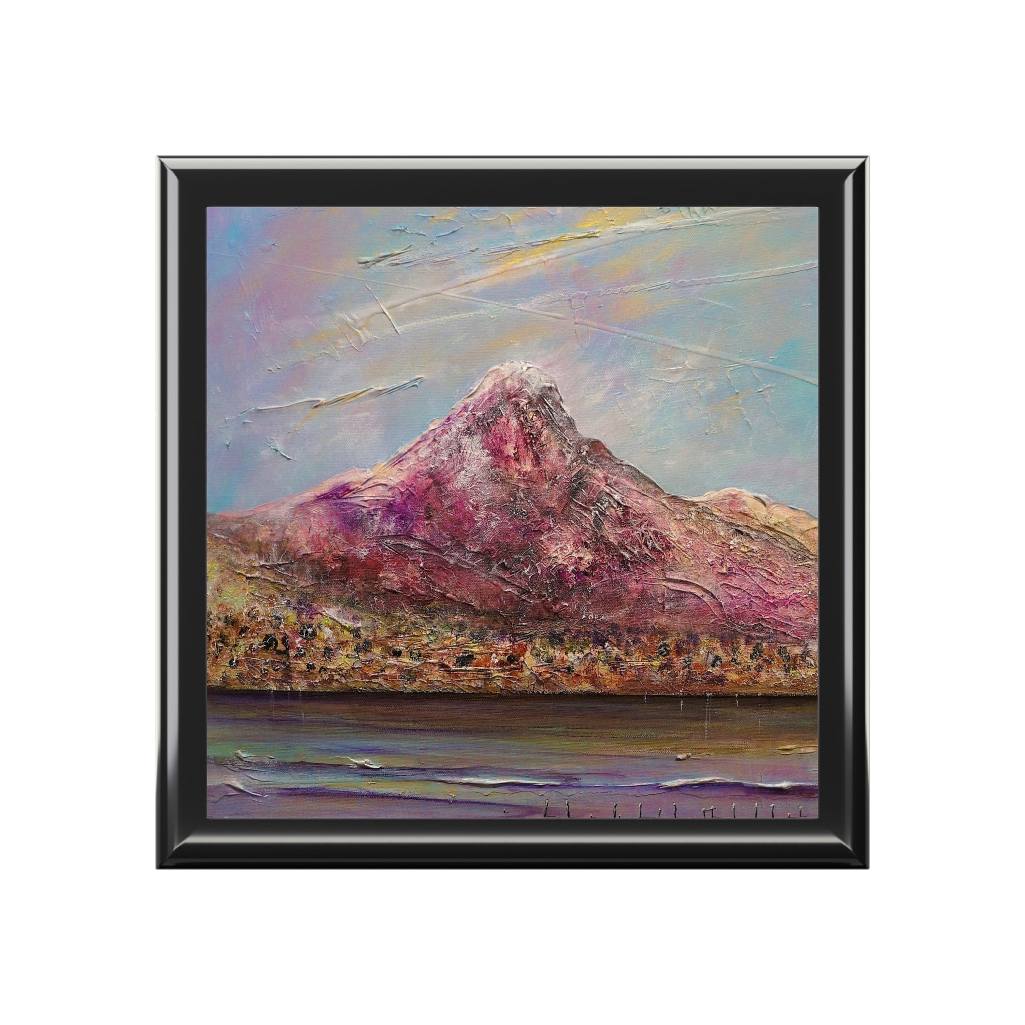 Framed textured painting of a purple Scottish mountain landscape with water in Ben Lomond Art Jewellery Box