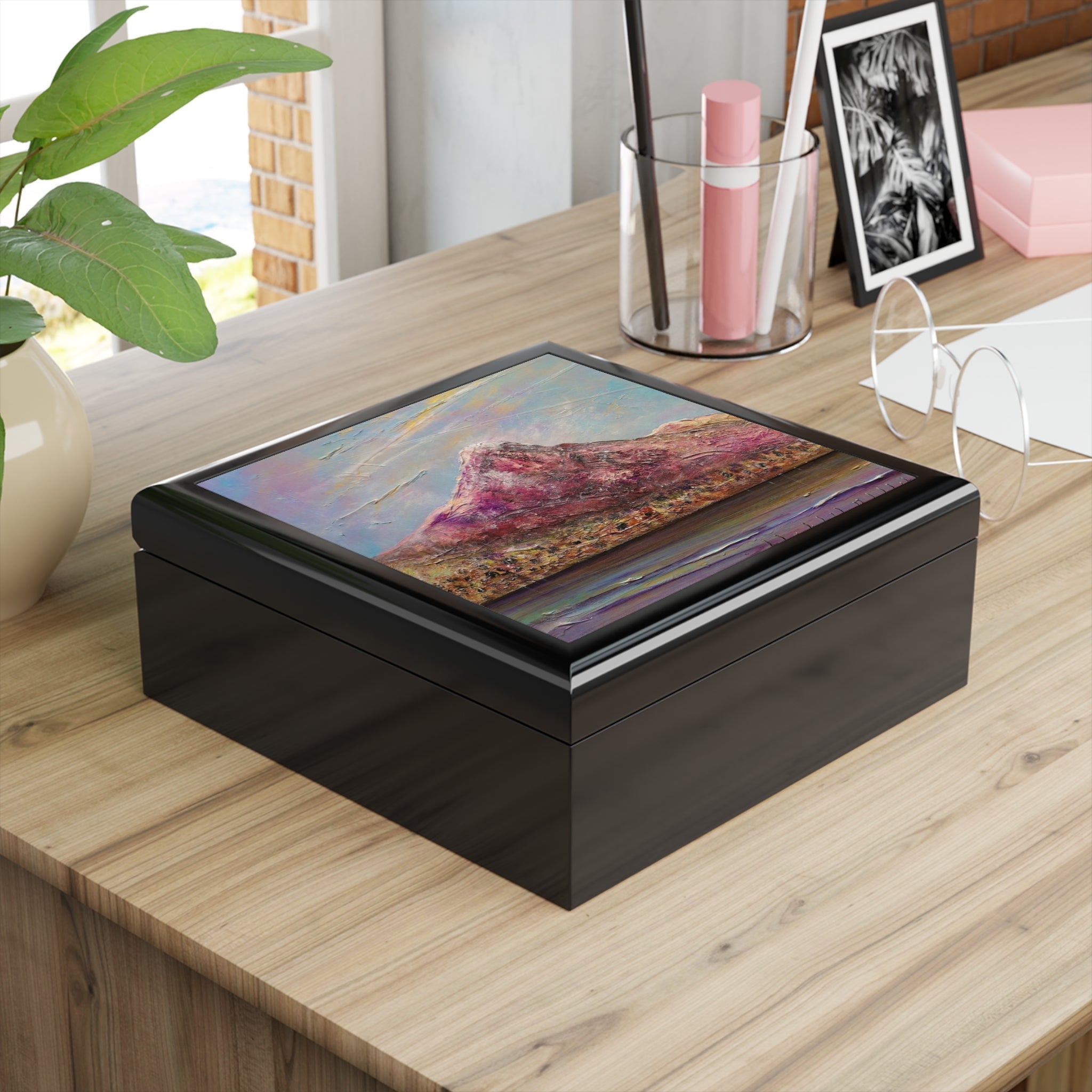 Black wooden keepsake box with vibrant landscape painting on lid for Ben Lomond Art Jewellery Box Scotland