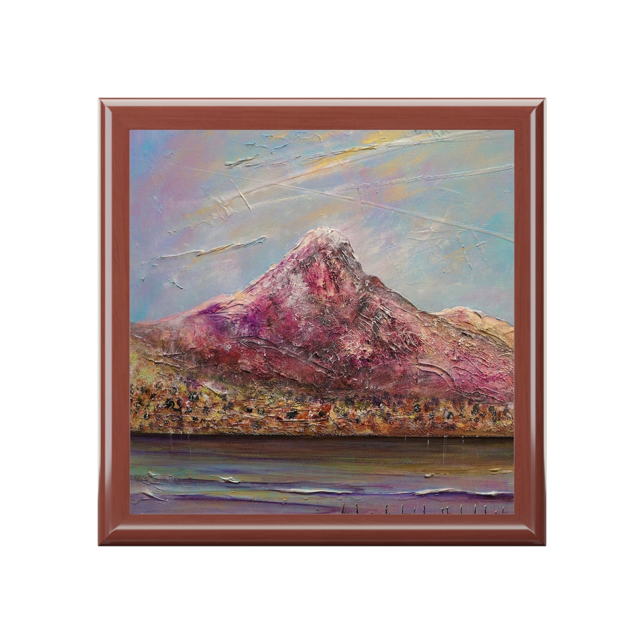 Framed mountain landscape painting with water, vibrant blues, purples, and earthy tones
