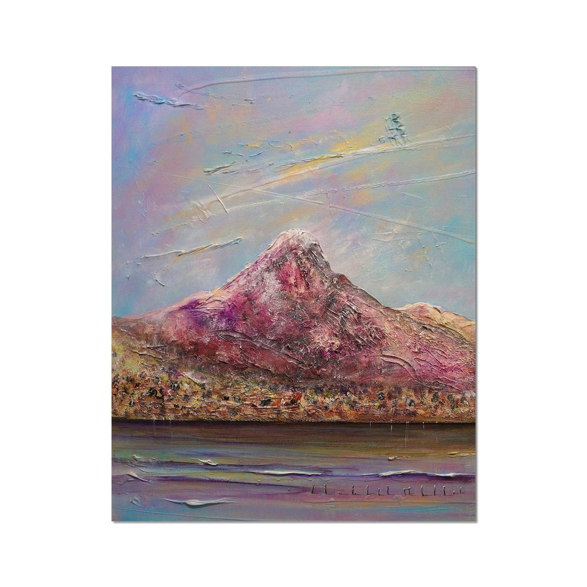 Purple Ben Lomond mountain landscape painting, textured brushstrokes, blue sky print