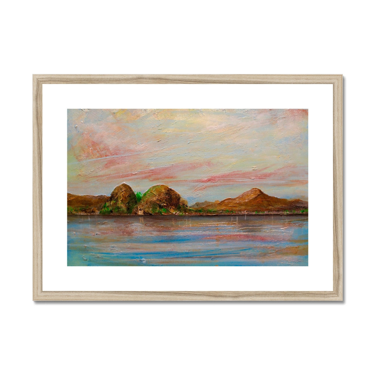 Framed Ben Lomond and Dumbarton Rock landscape print in earth tones