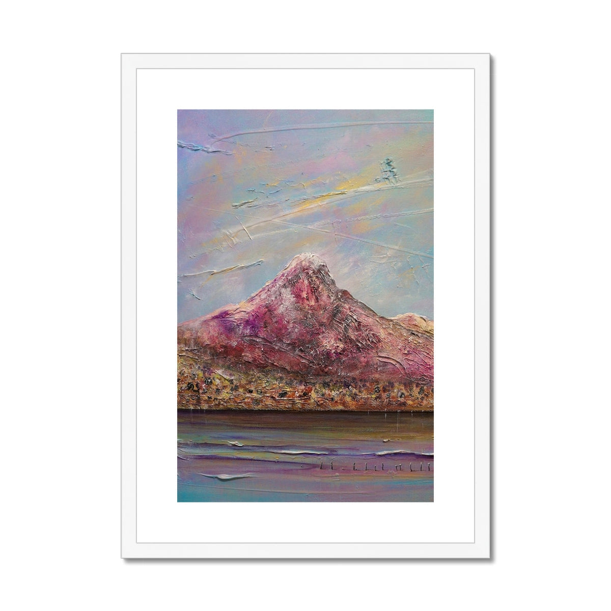 Ben Lomond purple mountain landscape art print in white frame