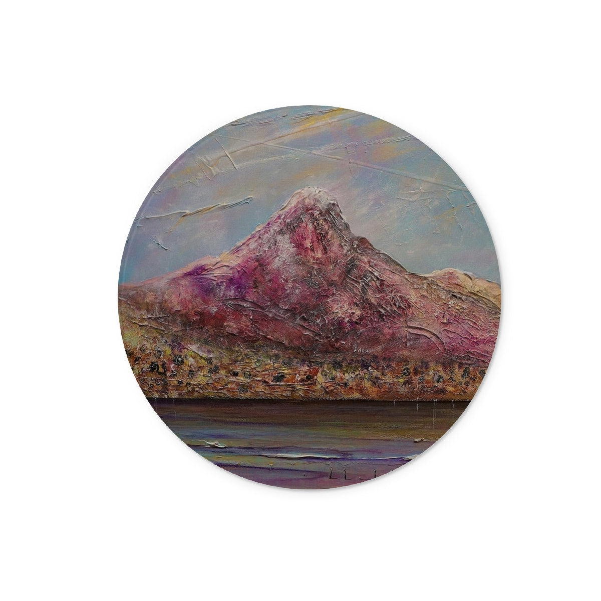 Purple Ben Lomond Glass Chopping Board with textured mountain sticker